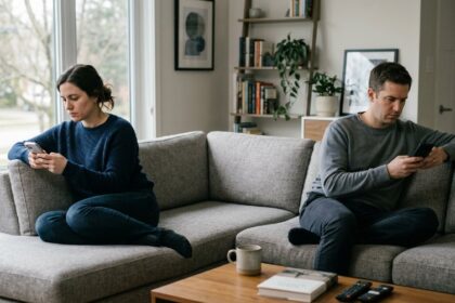 Young couple sitting on opposite ends of couch looking at phones showing silent relationship patterns that cause breakups and emotional distance
