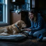 Worried pet owner helping a sick dog with diarrhea at home at night