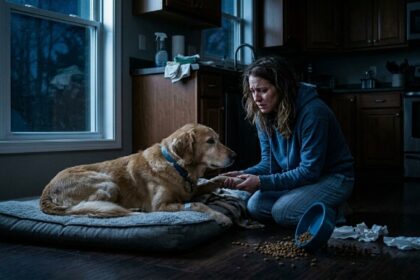 Worried pet owner helping a sick dog with diarrhea at home at night