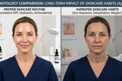 Dermatology expert demonstrating common skincare mistakes that prematurely age facial skin, showing proper versus improper skincare techniques
