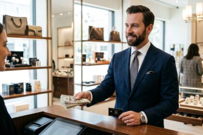 Wealthy businessman choosing cash over credit card at luxury store checkout counter showing millionaire spending habits