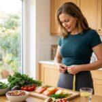Middle-aged woman measuring waist concerned about slow metabolism after 40 looking at scale with healthy foods nearby