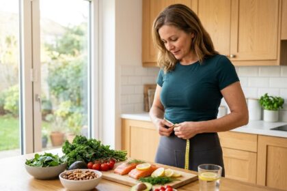 Middle-aged woman measuring waist concerned about slow metabolism after 40 looking at scale with healthy foods nearby