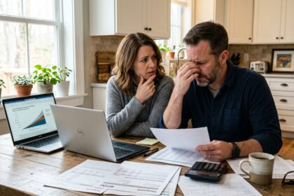 Middle-aged couple looking concerned while reviewing retirement account statements showing impact of retirement savings mistakes cost money