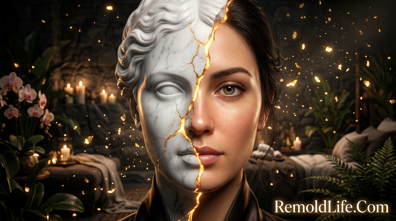 A split-face image of marble and human skin representing timeless beauty and anti-aging.