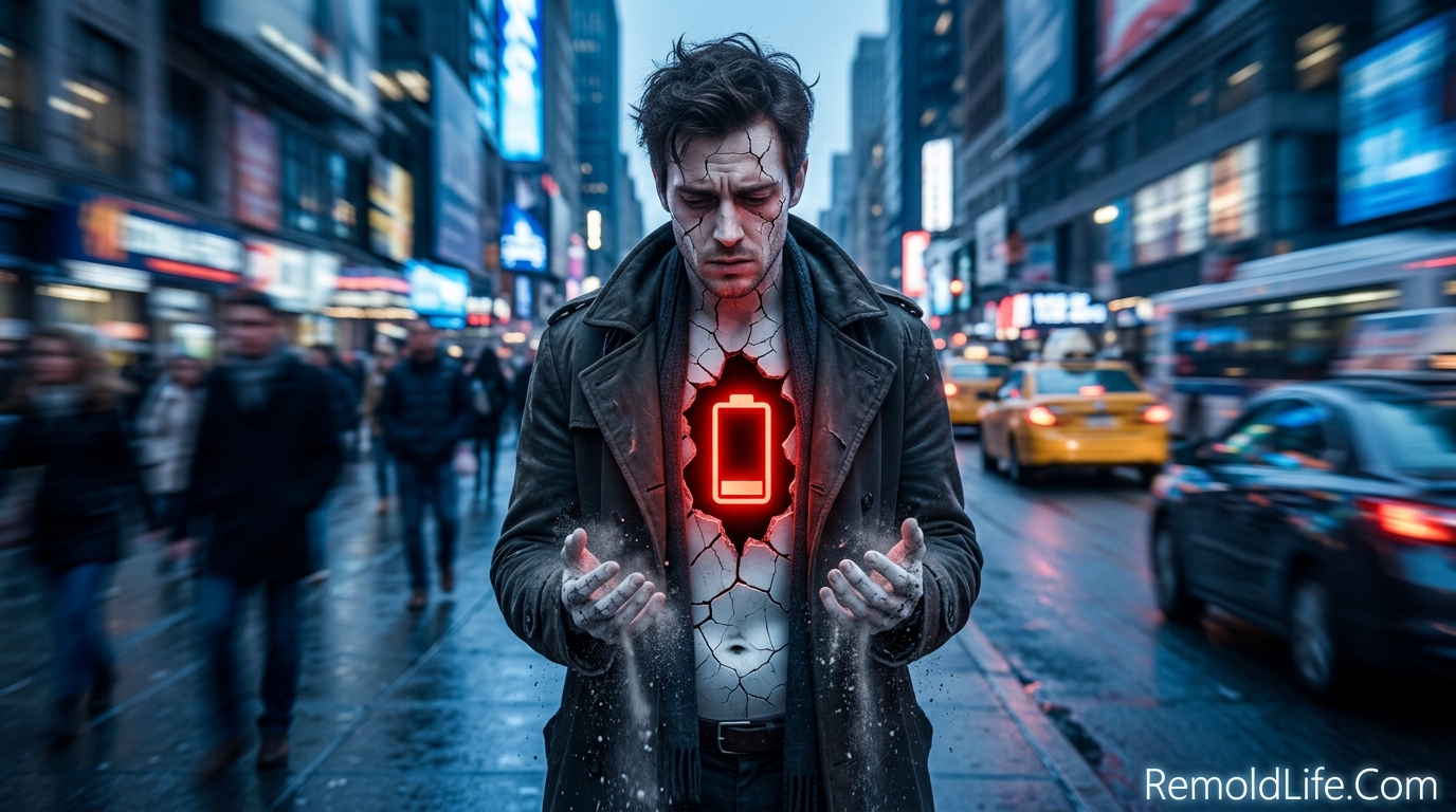 A man with a glowing low battery symbol inside his chest standing in a blurred city.