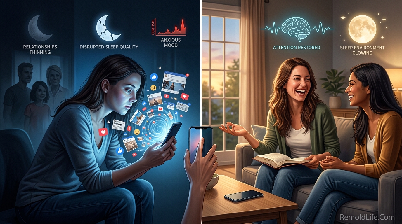Digital detox and reduce screen time complete guide featured image showing phone addiction and intentional technology use