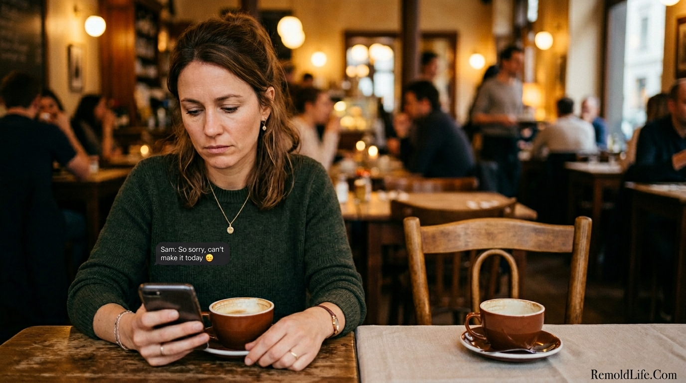 Woman sitting alone at café table set for two reading cancellation text from friend