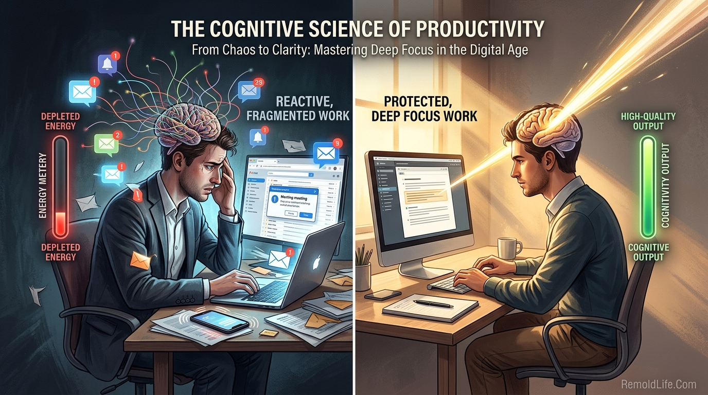 How to be more productive at work complete guide showing deep focus energy management and attention science
