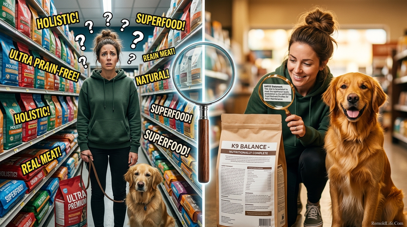Dog owner choosing the right dog food by reading the AAFCO label statement