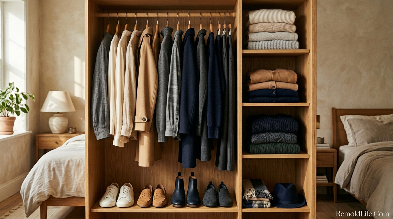 Perfectly organized capsule wardrobe with coordinated neutral color palette in warm bedroom