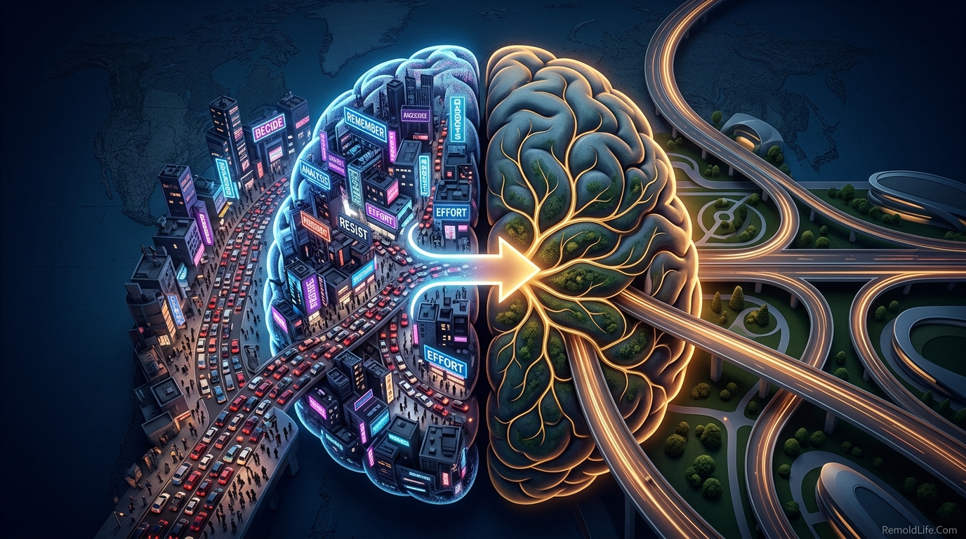 Brain split showing prefrontal cortex willpower versus basal ganglia automatic habit processing