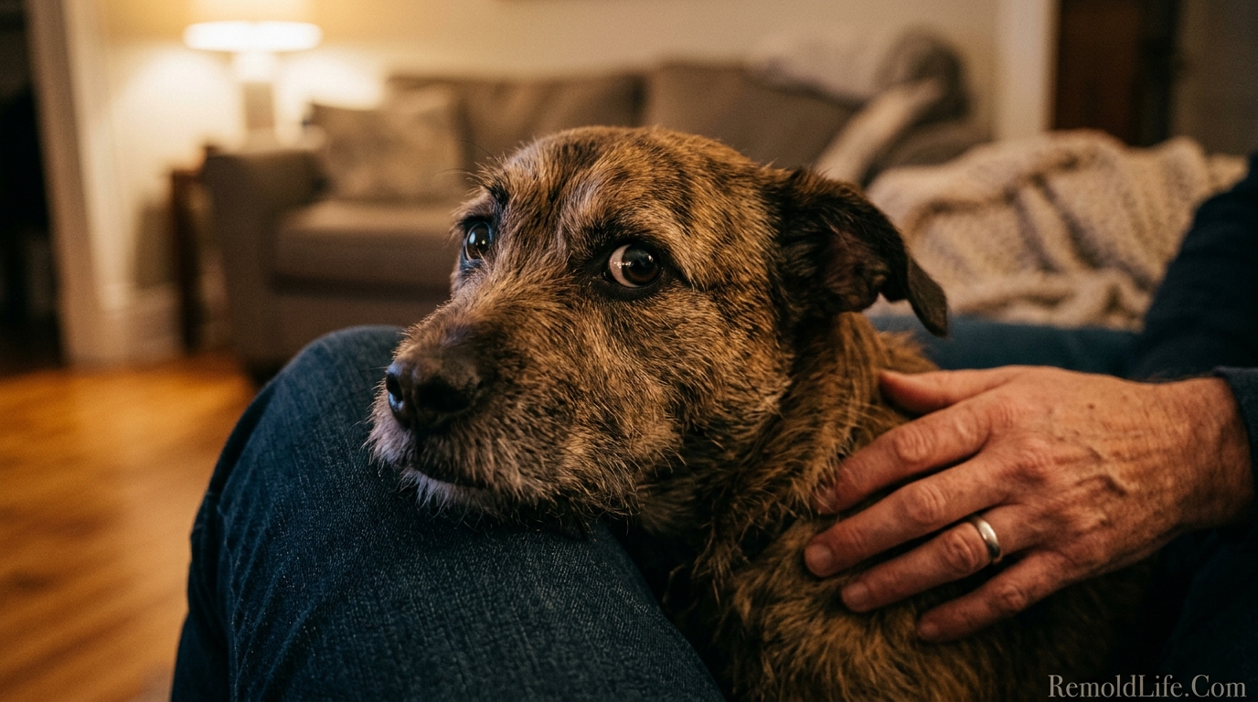 Close up portrait of anxious dog showing whale eye and distress signs with owner comfort