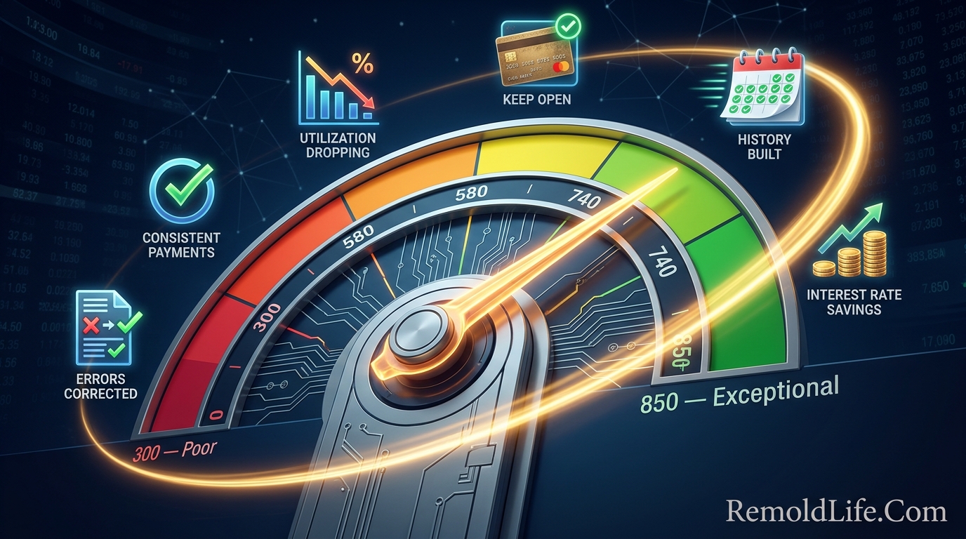 How to improve credit score fast complete guide featured image showing FICO score improvement strategies