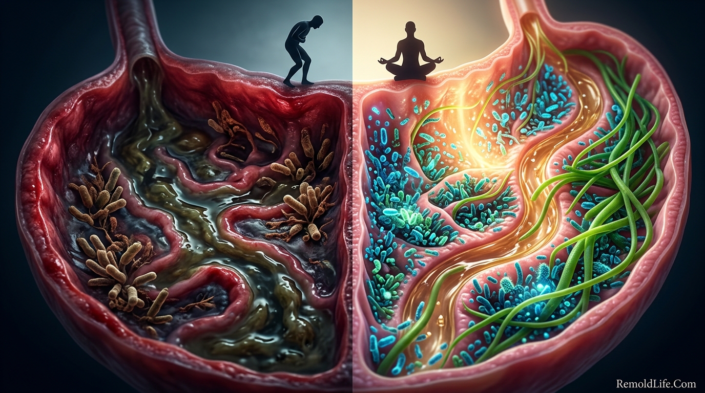 Featured image showing healthy versus unhealthy gut environment for natural digestion improvement