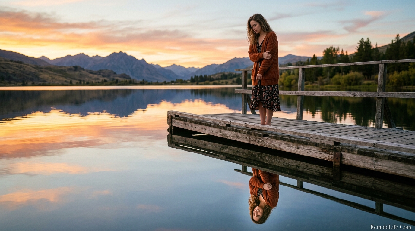 Woman standing on pier looking at confident reflection questioning relationship readiness
