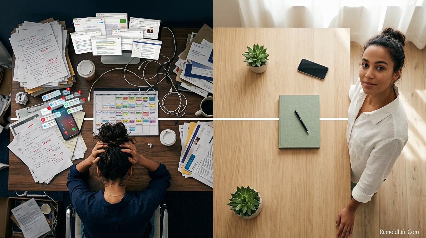 Aerial view split image showing cluttered complex life versus simplified calm intentional life