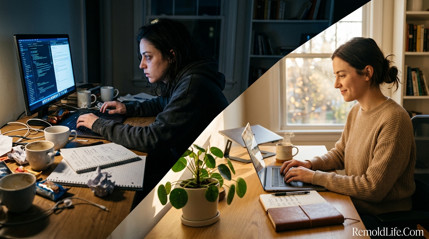 Split image showing burnout side hustle versus sustainable side hustle working styles