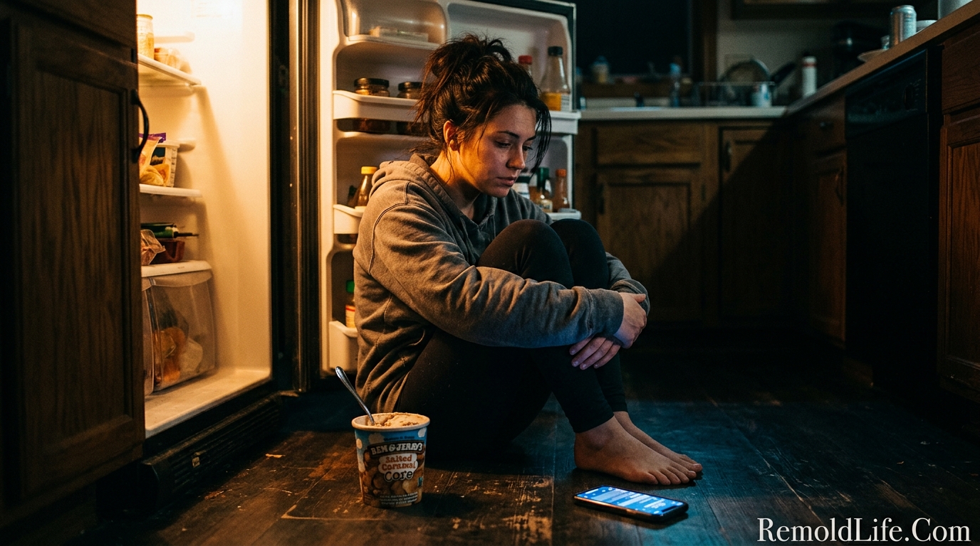 Woman sitting alone on kitchen floor at night representing emotional eating awareness moment
