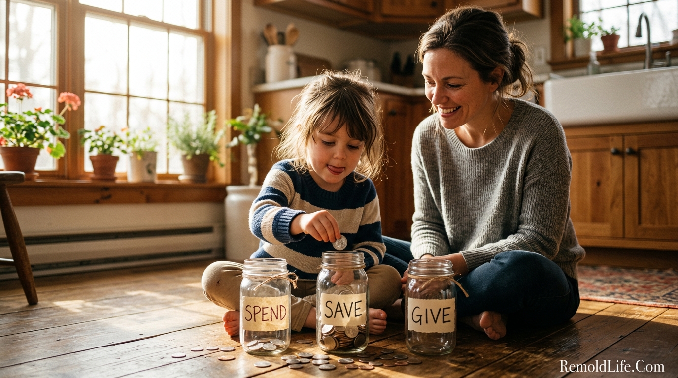 Parent and child sitting on kitchen floor with three labeled money jars teaching kids about money