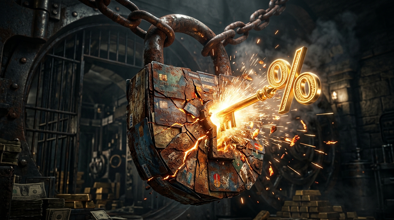A glowing golden percentage key unlocking a heavy padlock made of credit cards.