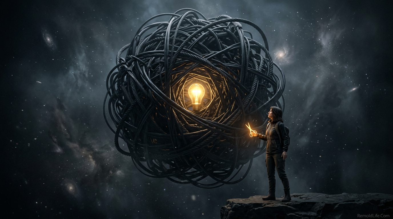 A surreal 3D image of a person facing a massive knot of cables with a glowing bulb inside.