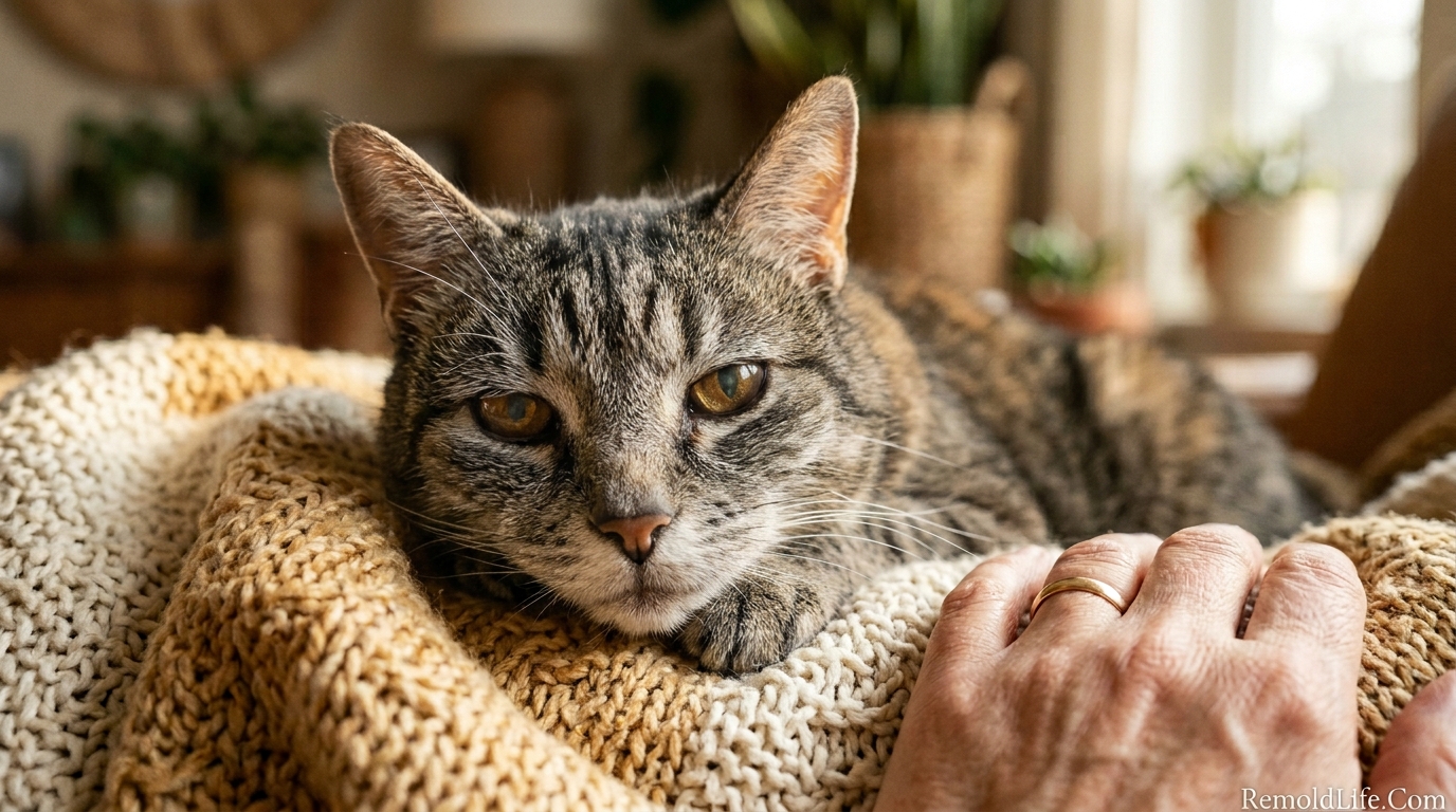 Close up portrait of elderly senior cat with wise amber eyes resting in warm window light