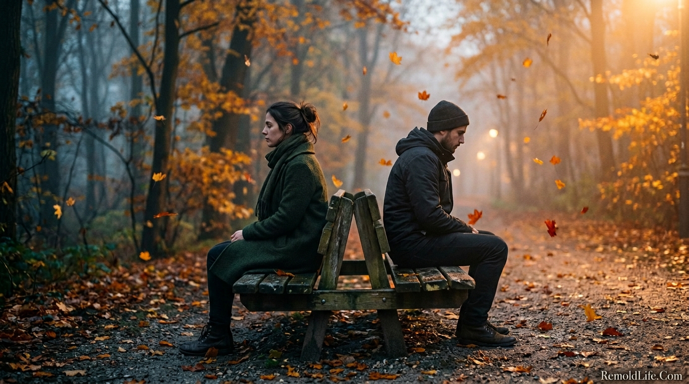 Two people sitting apart on a bench symbolizing signs a relationship is over