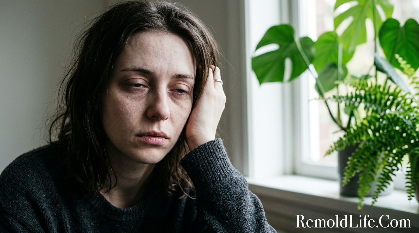 Exhausted pale woman near window showing signs of iron deficiency