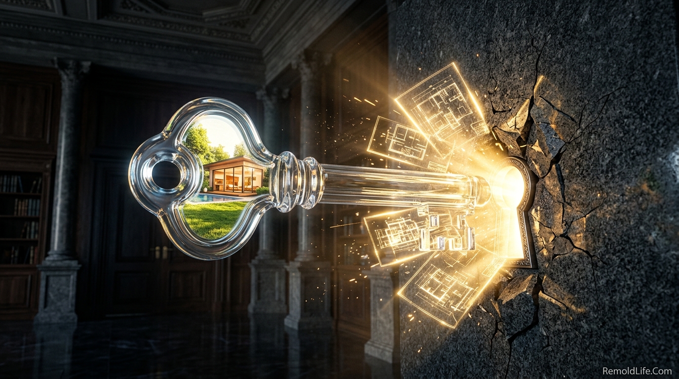 A glass key containing a miniature home unlocking a stone wall with golden light.