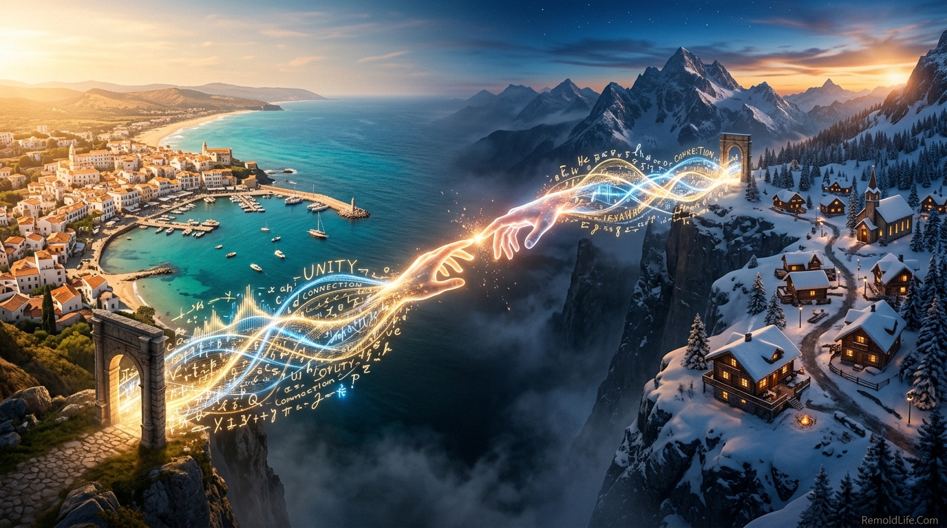 A surreal 3D bridge of light and letters connecting two different climates.