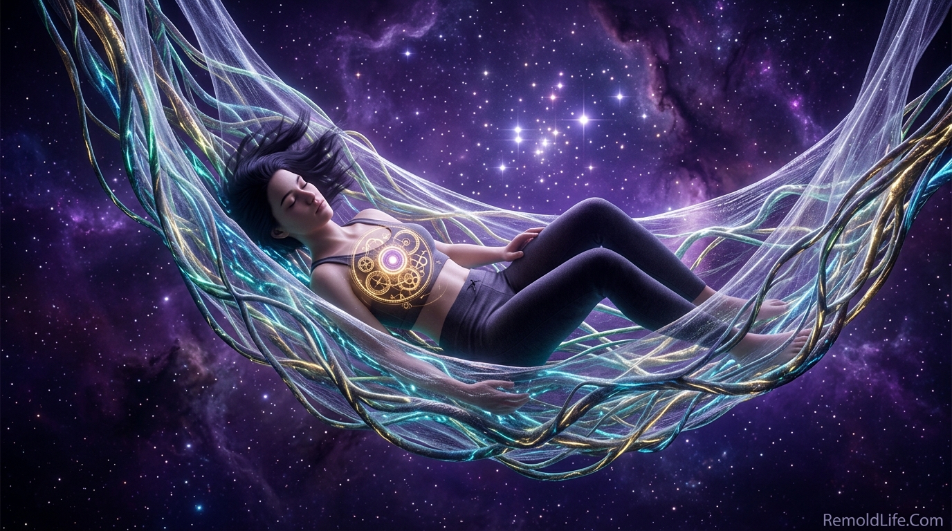 A surreal 3D visualization of a person sleeping in a cosmic bio-cradle representing deep restorative sleep.