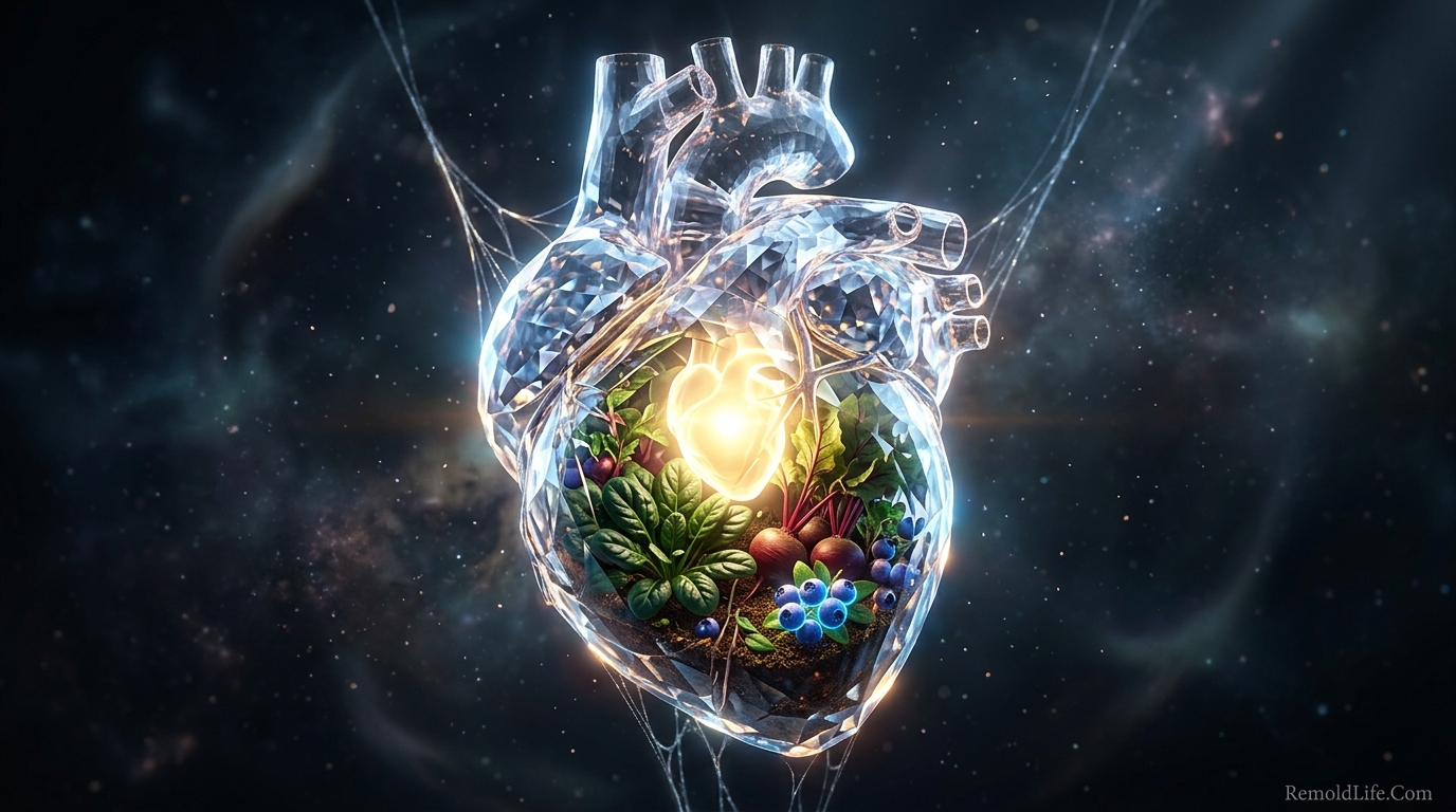A 3D translucent crystal heart containing a garden of blood-pressure-lowering foods.