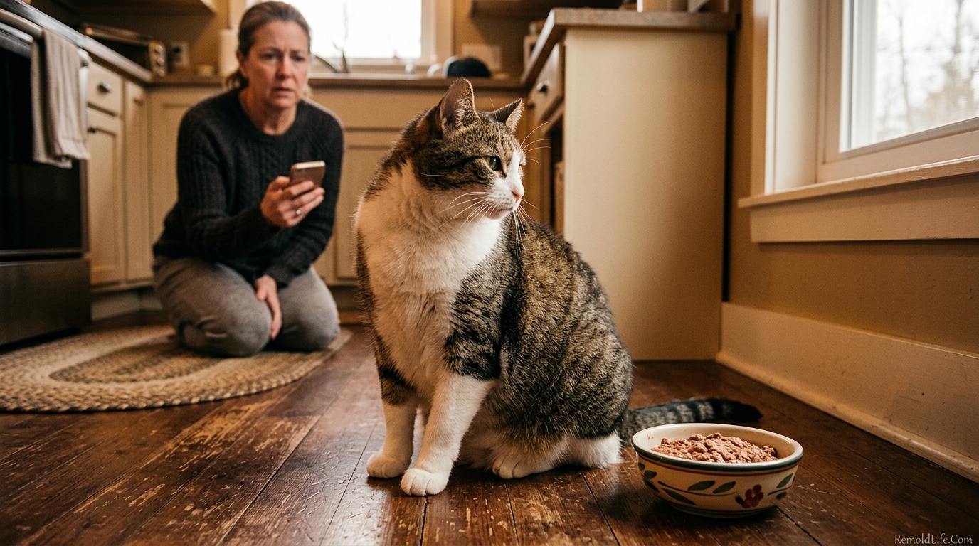 Cat sitting beside untouched food bowl with worried owner in background